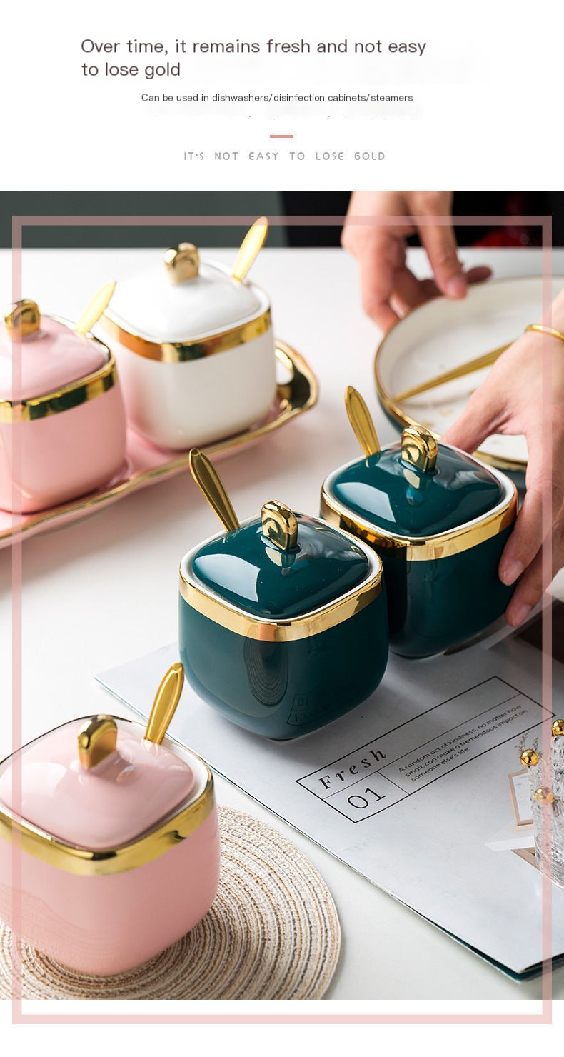 Porcelain condiment jar with lid for kitchen storage
