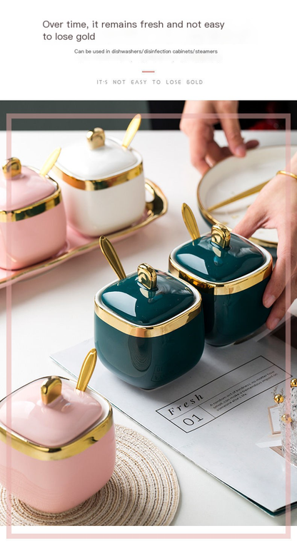 Porcelain condiment jar with lid for kitchen storage