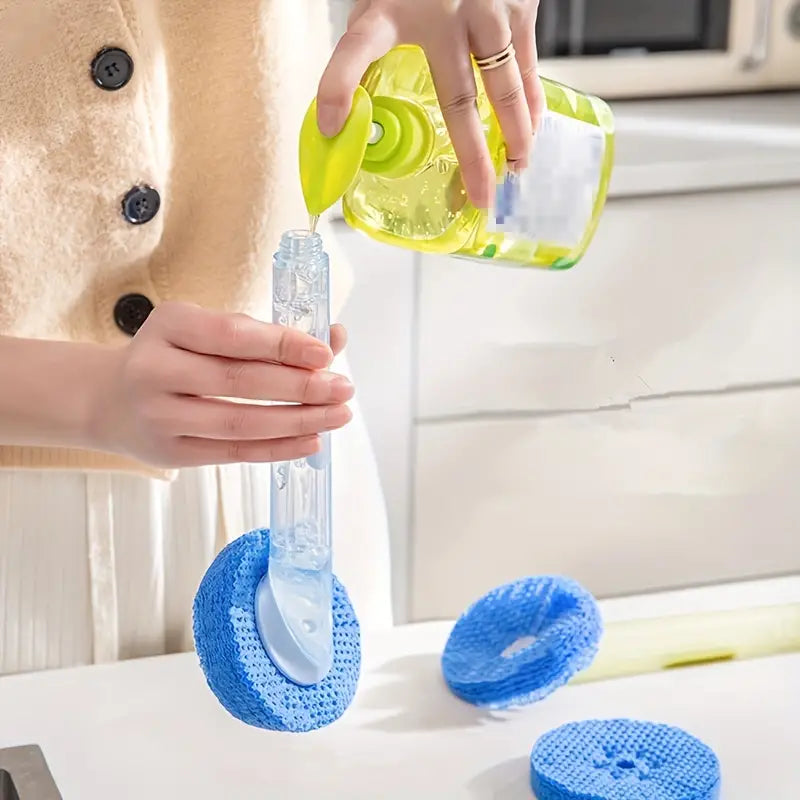 Cepillo para ollas de mango largo con depósito para líquido y cabezal extraíble